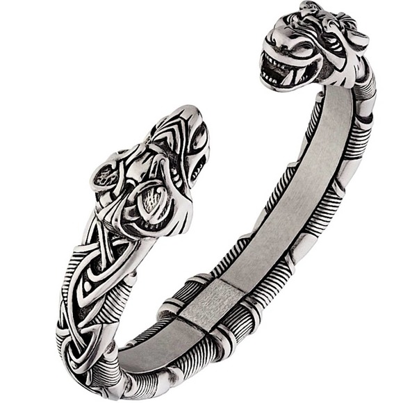 Silver Wolf Head Viking Norse Knotwork Cuff Bangle Bracelet - Picture 2 of 12